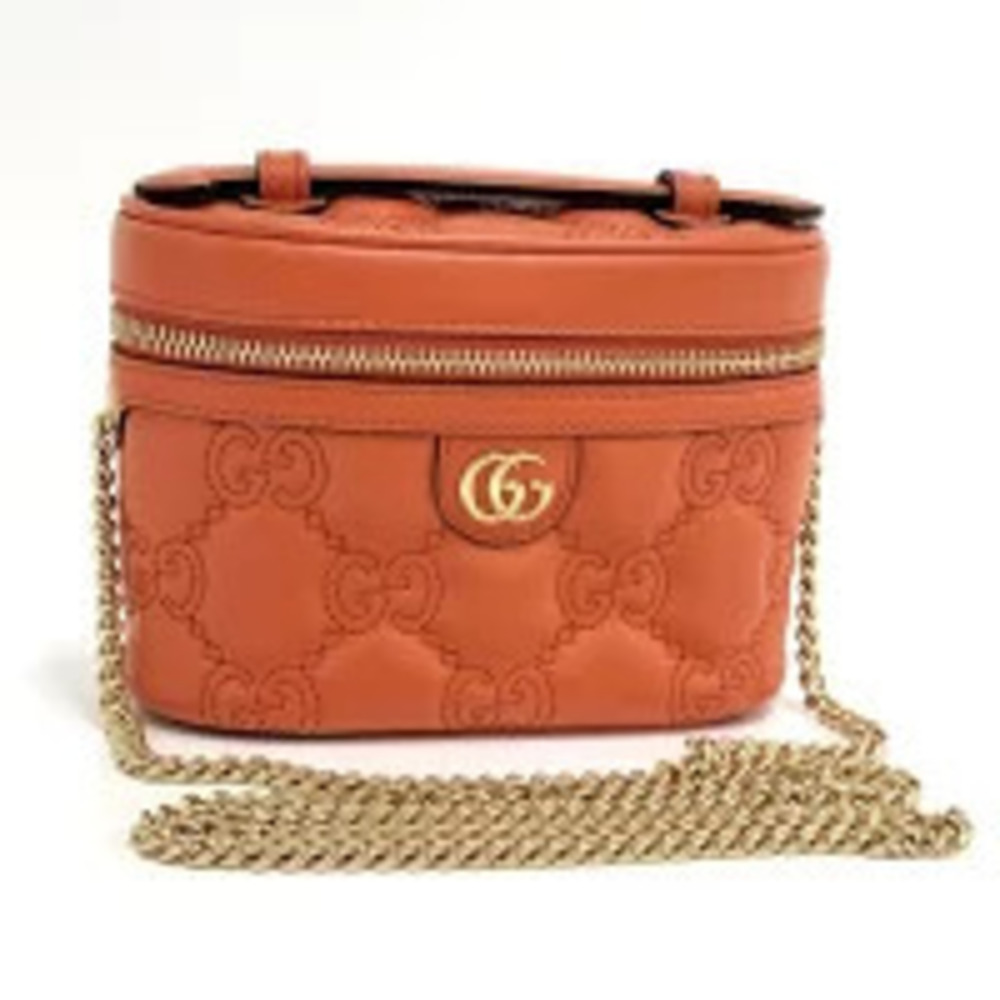 GUCCI Chain Shoulder Bag GG Matelasse Top Handle Orange